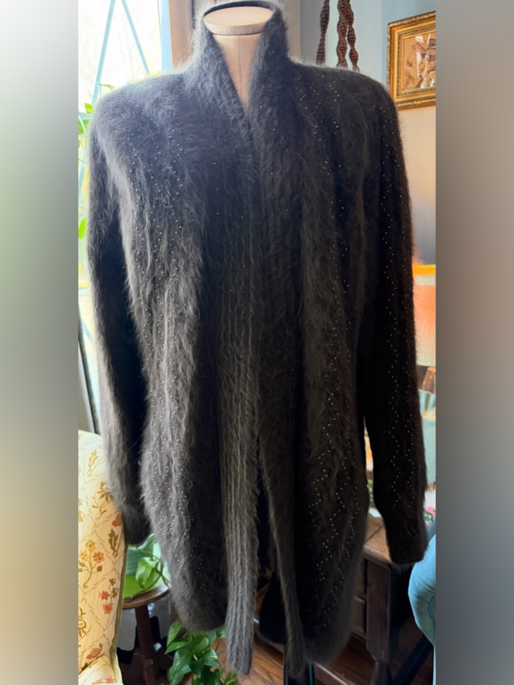 Esciō Brown rabbit-mohair beaded Open-Front Women’s Cardigan Sweater Sz L